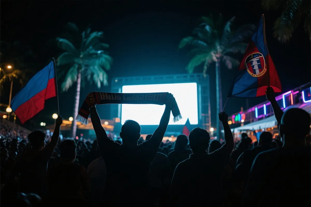 比赛日傍晚的露天观赛区，人群剪影与大屏幕，热烈球迷氛围