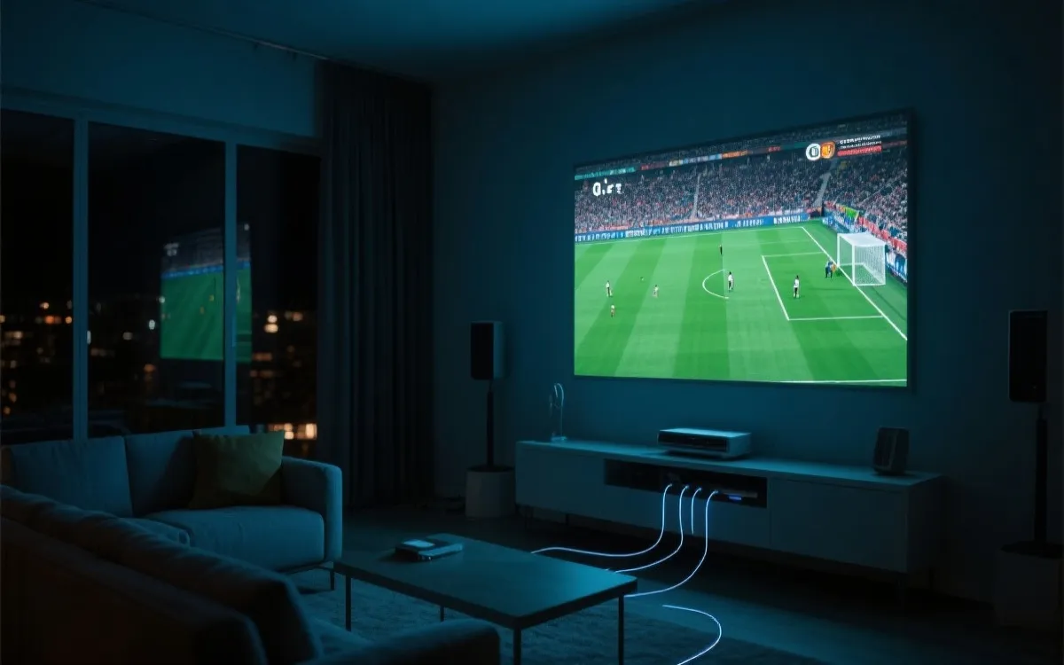 夜晚客厅大屏播放足球赛，路由器与设备连接示意