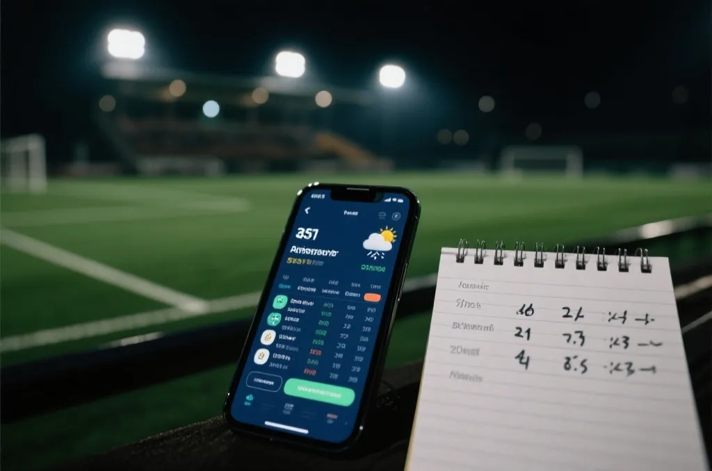 世界杯比赛夜晚，球场灯光与记分牌虚化背景，前景是手机上的赛程与天气信息